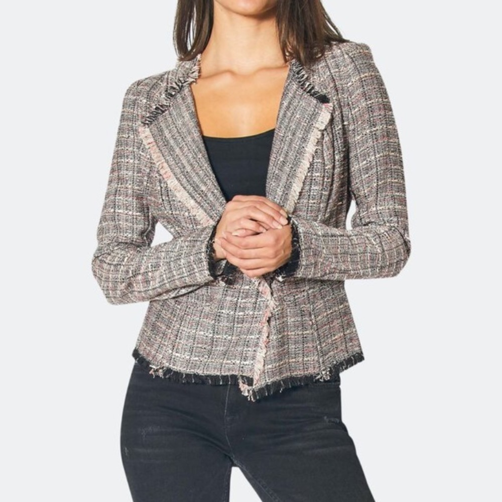 Joie Tweed Jacquard Fringe Zip Up Moto Jacket sz XS